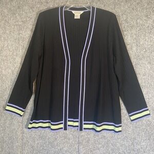 MISOOK Open Front Cardigan Womens Large Black Striped Ribbed Old Money Luxury‎